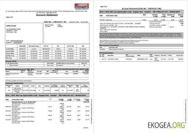 Relevé de compte bancaire Inde HDFC Modèle Word et PDF, 2 pages template